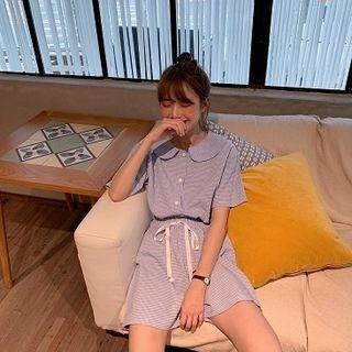 Set:plaid Peter-pan Collar Short-sleeve Top + Shorts