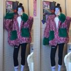 Leopard Print Fleece Open Jacket Pink & Green - One Size