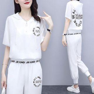 Set: Short-sleeve Lettering Hooded T-shirt + Cropped Harem Pants