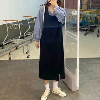 Puff Long-sleeve Plain Blouse / Slit-hem Midi Overall Dress