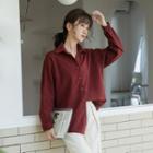 Corduroy Long-sleeve Shirt Wine Red - One Size
