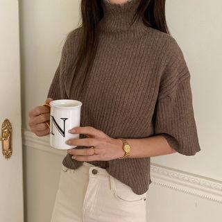 Turtleneck Short-sleeve Rib-knit Top