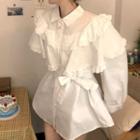 Long-sleeve Ruffle Trim Mini Shirtdress White - One Size