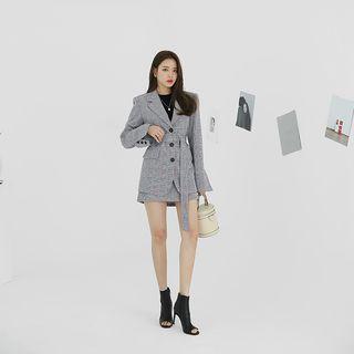 Plaid Blazer With Belt & Miniskirt Set