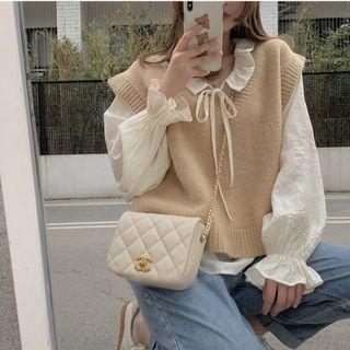 Set: Long-sleeve Tie-neck Blouse + Sweater Vest