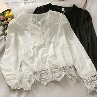 Lace-panel Slim-fit Satin Blouse