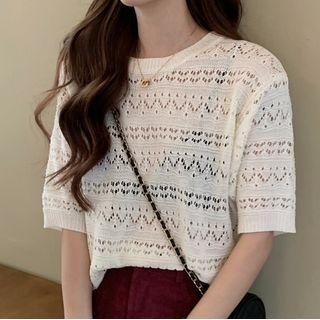 Elbow-sleeve Perforated Knit Top Milky White - One Size