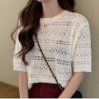 Elbow-sleeve Perforated Knit Top Milky White - One Size