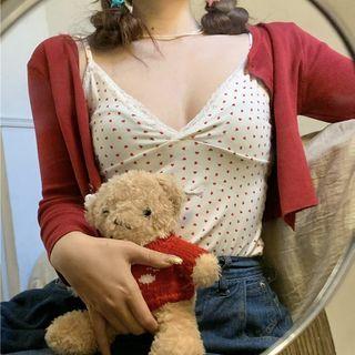 Heart Print Lace Trim Camisole Top / Cardigan