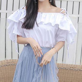 Set: Cold-shoulder Ruffle Blouse + Midi Mesh Skirt