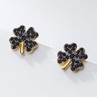 925 Sterling Silver Rhinestone Clover Earring 1 Pair - S925 Silver - Gold & Black - One Size