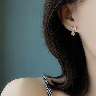 925 Sterling Silver Rhinestone Bow Earring 1 Pair - As Shown In Figure - One Size
