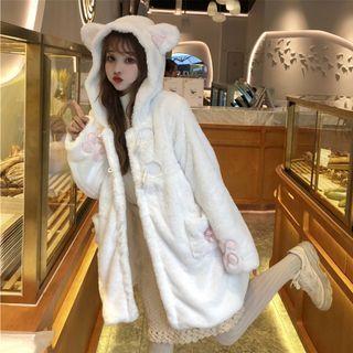 Cat Ear Hooded Fleece Toggle Jacket White - One Size