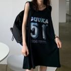 Printed Sleeveless T-shirt Dress Black - One Size