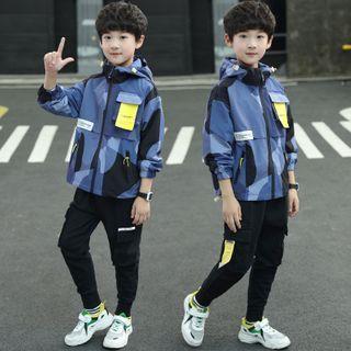 Set: Applique Color Block Hooded Zip Jacket + Cropped Harem Pants
