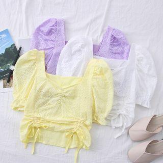 Eyelet Deep V-neck Drawstring Crop Blouse