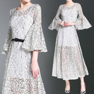 Lace 3/4 Sleeve A-line Midi Dress