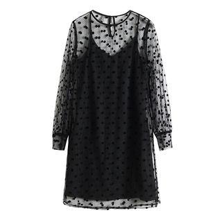 Set: Long-sleeve Dotted Mesh Dress + Slipdress