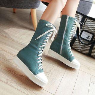 Canvas Hidden Wedge Mid-calf Boots
