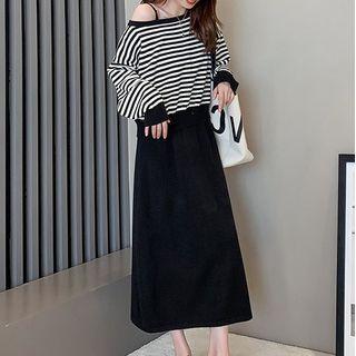 Set: Striped Knit Top + Spaghetti Strap Midi A-line Dress