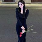 Long-sleeve Square Neck Mermaid Hem Midi Bodycon Dress
