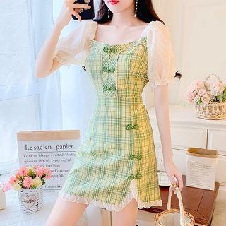 Puff-sleeve Plaid Panel Frog-button Mini A-line Dress