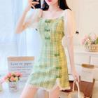 Puff-sleeve Plaid Panel Frog-button Mini A-line Dress