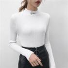 Lettering Embroidered Mock Neck Knit Top