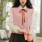 Set: Cable Knit Vest + Beribboned Blouse Pink & White - One Size