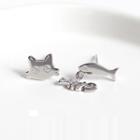 Non-matching 925 Sterling Silver Rhinestone Cat & Fish Earring Earrings - One Size