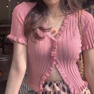 Short-sleeve Ribbed Ruffled Knit Top