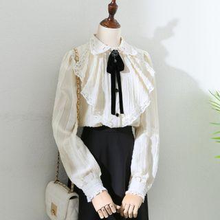 Long-sleeve Lace Panel Bow Shirt