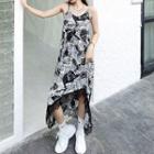 Spaghetti Strap Lettering Print Lace Trim A-line Dress