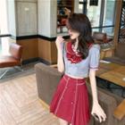 Bow Puff-sleeve Top / Pleated Skirt