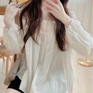 Puff-sleeve Lace Panel Blouse Light Almond - One Size