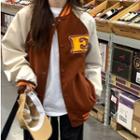 Two-tone Letter Embroidered Baseball Jacket Coffee - One Size