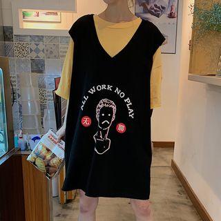 Crew-neck Elbow-sleeve T-shirt / V-neck Printed Tank Dress