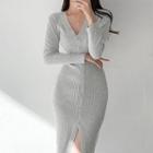 Long-sleeve V-neck Single-breasted Slit Mini Bodycon Dress