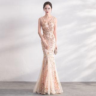 Sleeveless Floral Sequined Sheath Evening Gown
