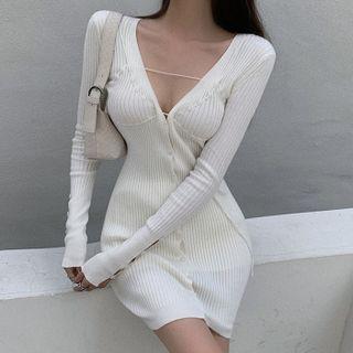 Long-sleeve Plain Knit Dress Almond - One Size