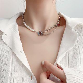 Butterfly Freshwater Pearl Layered Alloy Choker Dark Gray & Blue & Silver - One Size