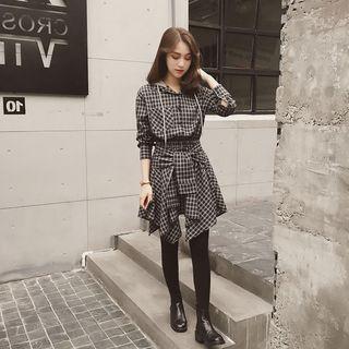 Long-sleeve Plaid Hooded Mini Dress