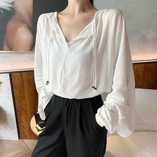 Plain Lace-up Long-sleeve Top / High-waist Wide-leg Pants