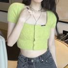 Short-sleeve Button-up Cropped Knit Top Top - Green - One Size