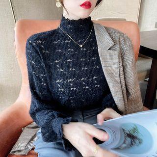 Mock-neck Bell-sleeve Perforated Lace Panel Mesh Top