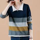 Long-sleeve Collared Color-panel Knit Top