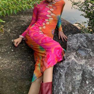 Long-sleeve Cut-out Printed Midi Sheath Dress