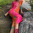 Long-sleeve Cut-out Printed Midi Sheath Dress