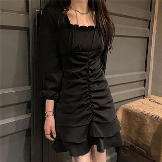 Long-sleeve Tiered A-line Dress Black - One Size