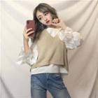 V-neck Cropped Knit Vest / Balloon-sleeve Blouse
